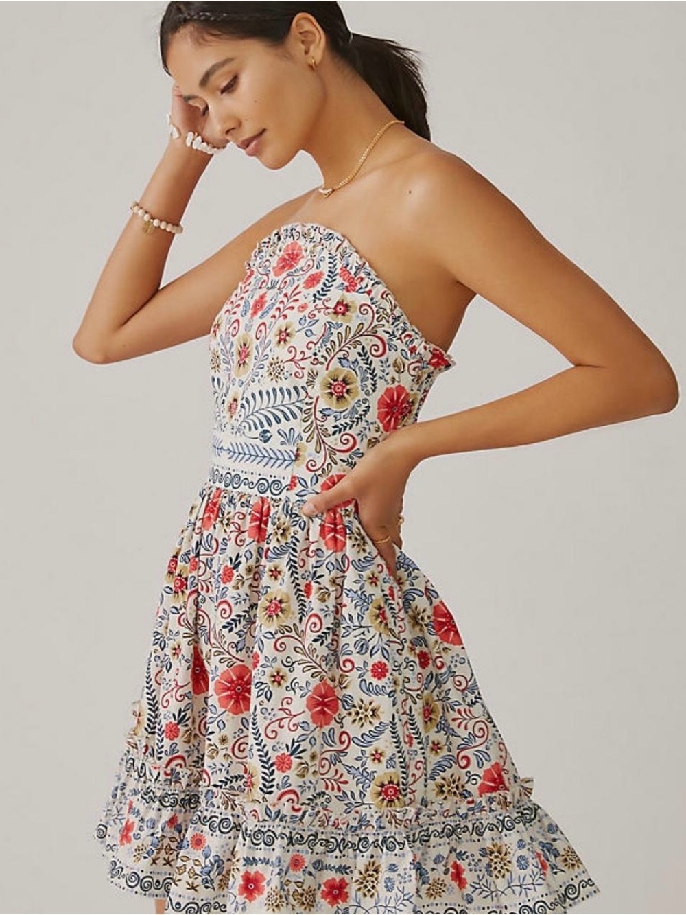 Anthropologie Strapless Floral Sundress in Cream and Red